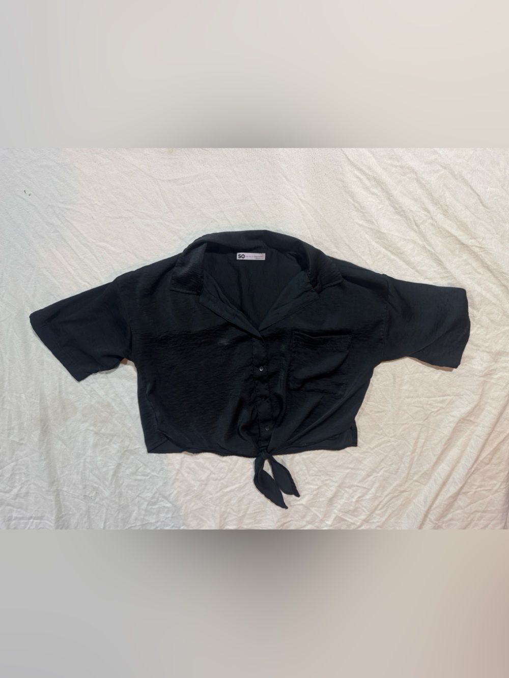 SO Black Short Sleeve Tie-Front Button Down Crop Shirt